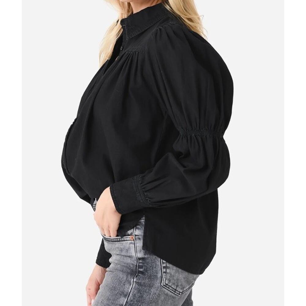 Cleobella Blakely Blouse M Black Puff Sleeve Button Down Boho Cotton Top - Picture 2 of 9